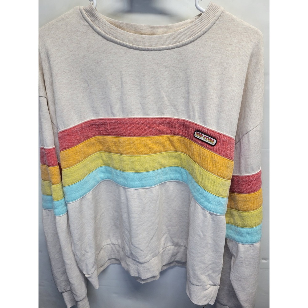 Rip Curl Mens XL Cream Rainbow Striped Retro Surf Crewneck Sweatshirt Pullover